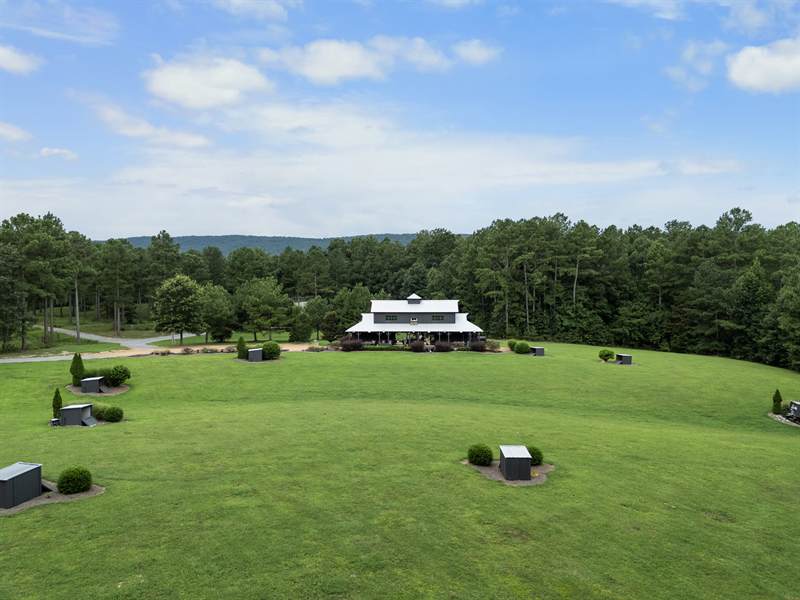 The pavilion and its field from a low drone height