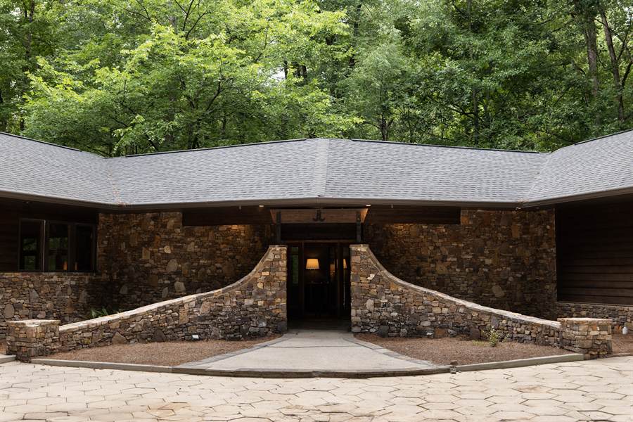 The stone facade of the DanMar lodge