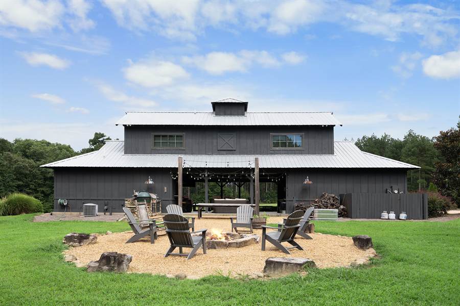 The fire pit behind the pavilion at dusk
